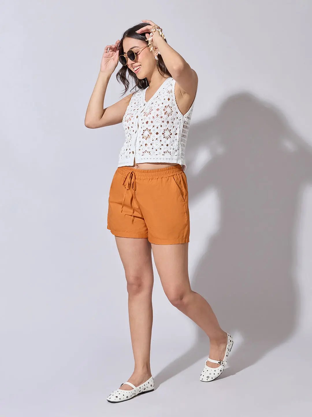 Women's Textured White Crochet Sleeveless Vest Top
