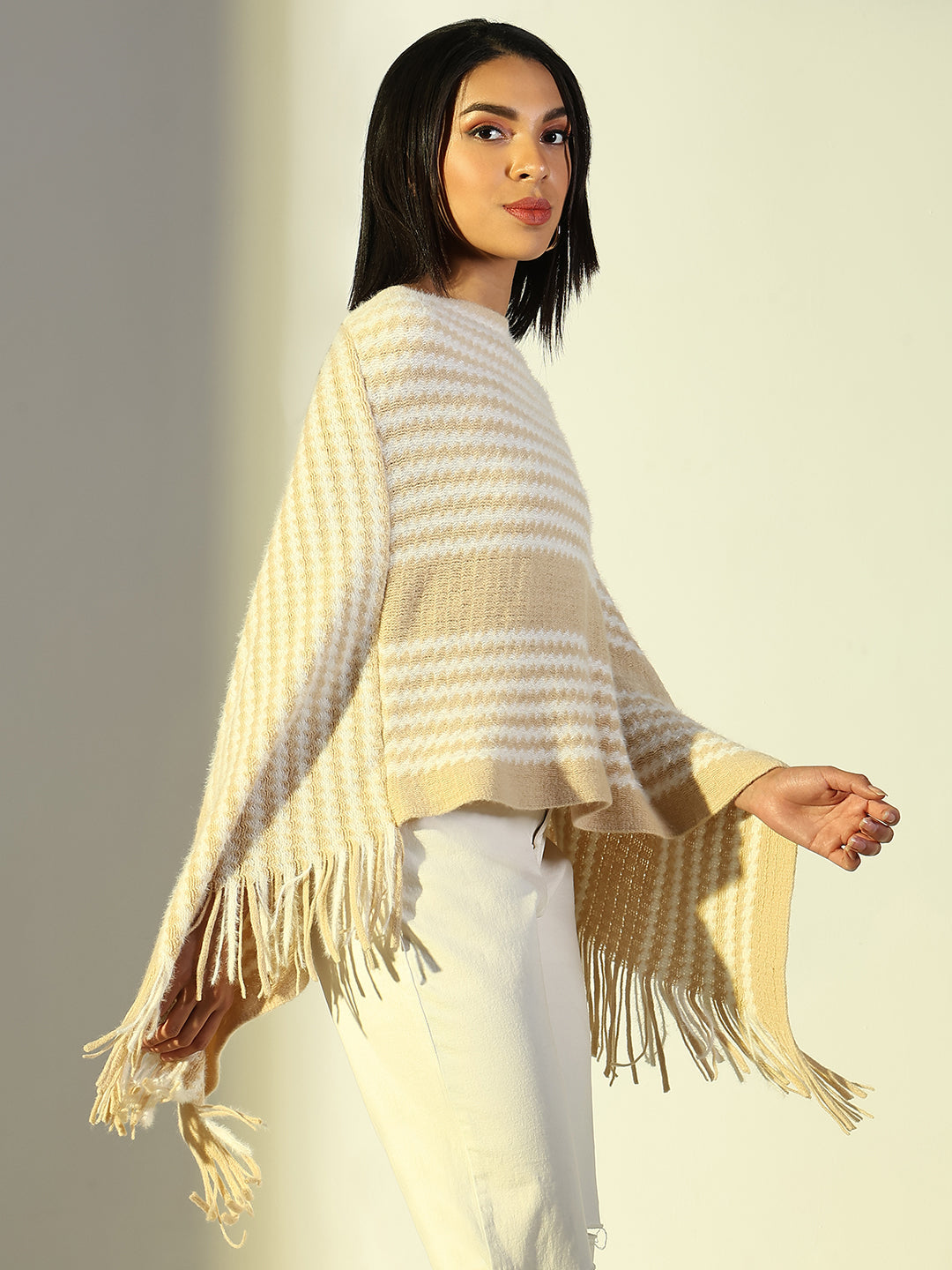 Women Beige Striped Longline Poncho