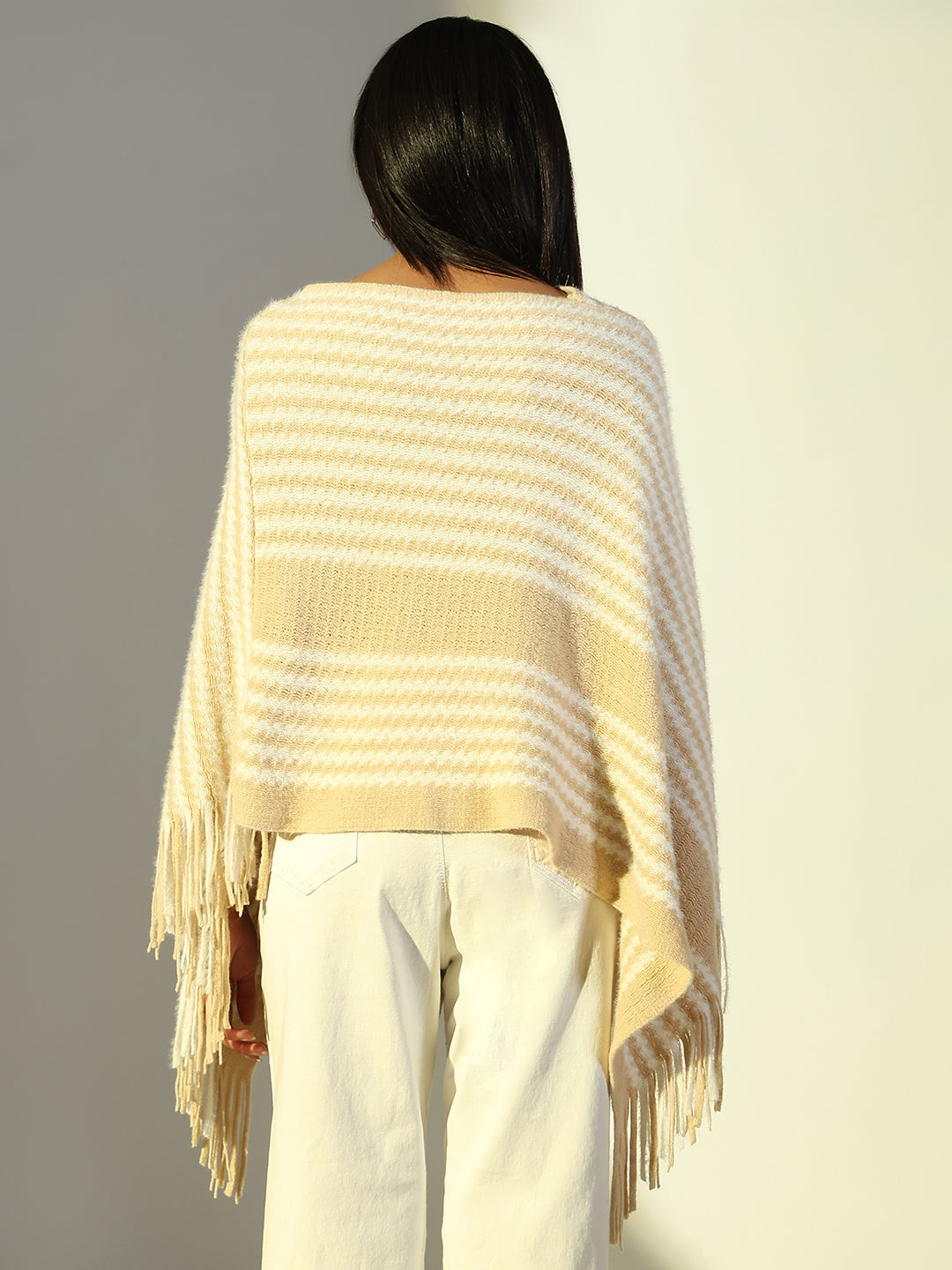 Women Beige Striped Longline Poncho