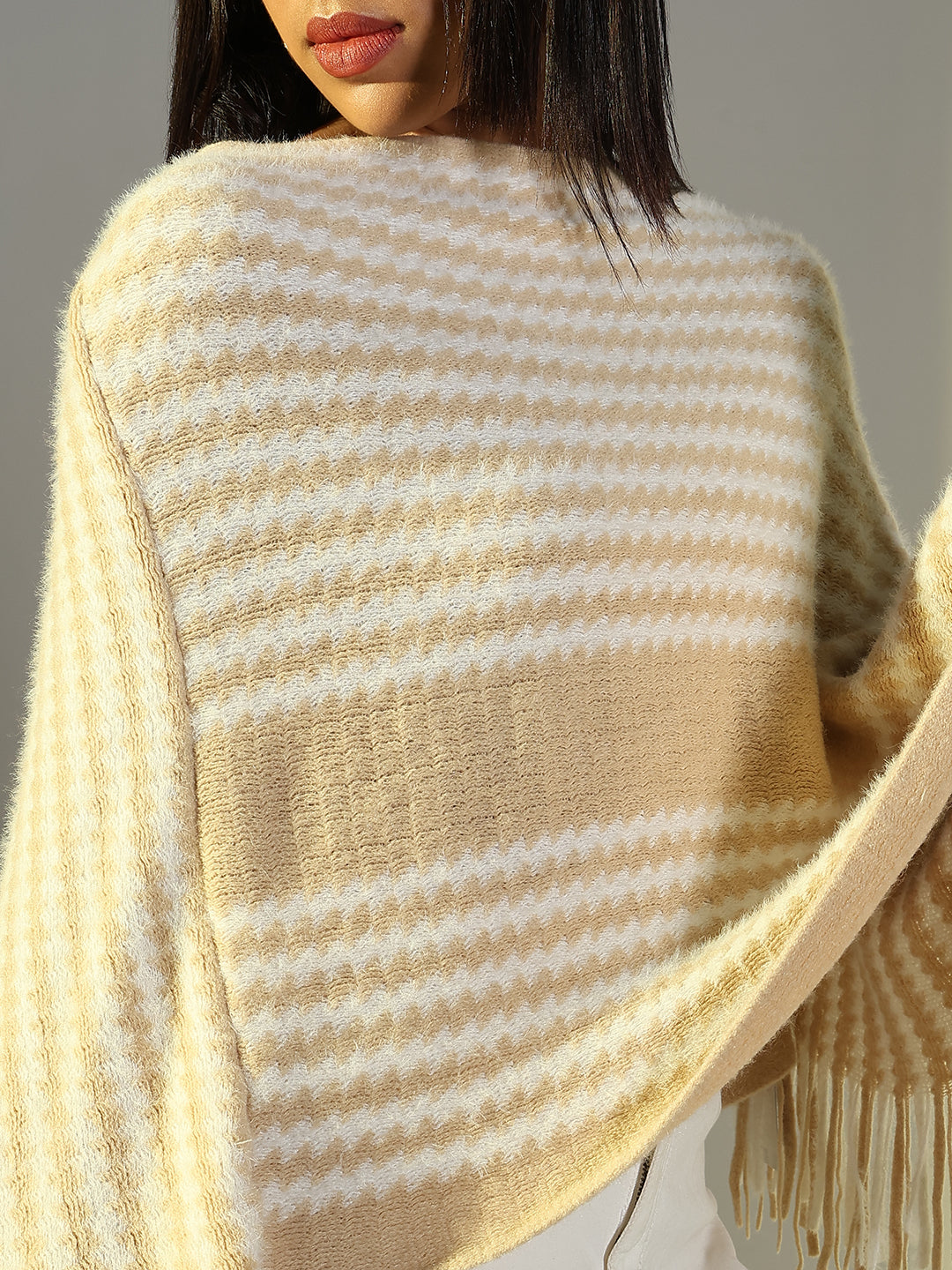 Women Beige Striped Longline Poncho