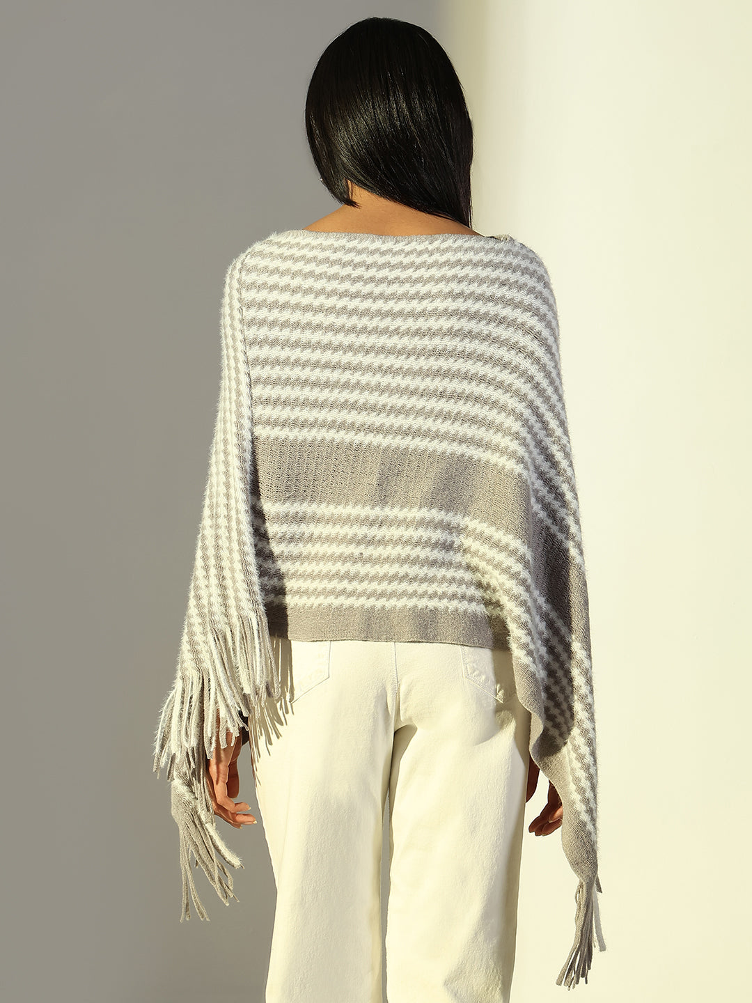 Women Grey Striped Longline Poncho