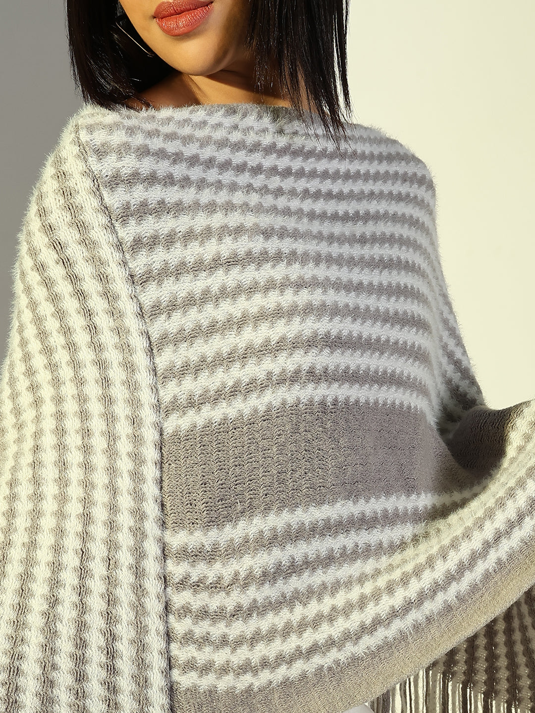 Women Grey Striped Longline Poncho