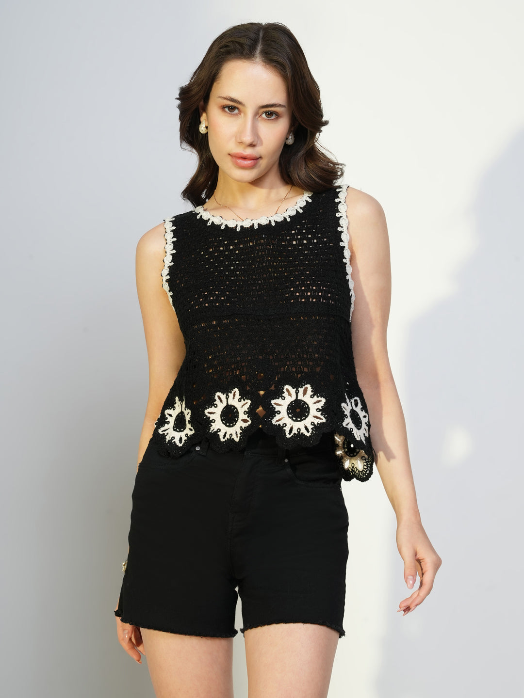 Women Black Solid Crochet Crop Top