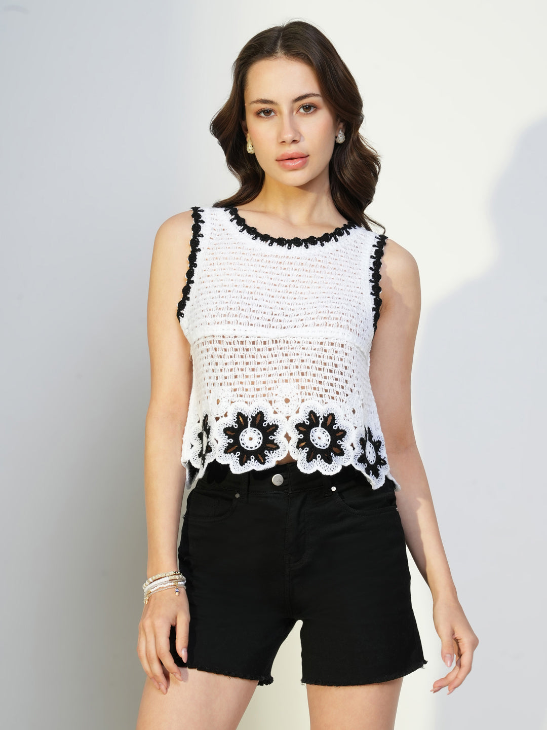 Women White Solid Crochet Crop Top