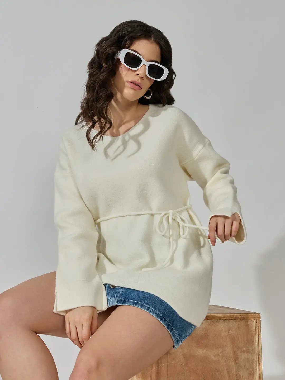 Women's Knitted Off White V-Neck Top with Tie-Up Belt - from SHOWOFFFF