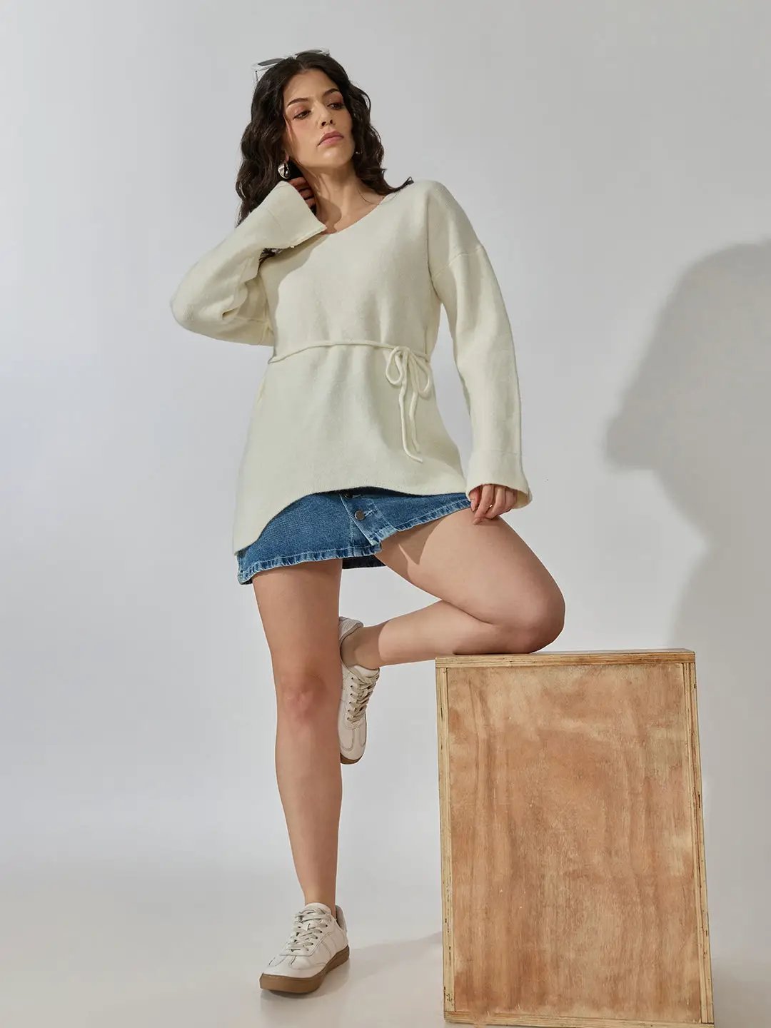 Women's Knitted Off White V-Neck Top with Tie-Up Belt - from SHOWOFFFF