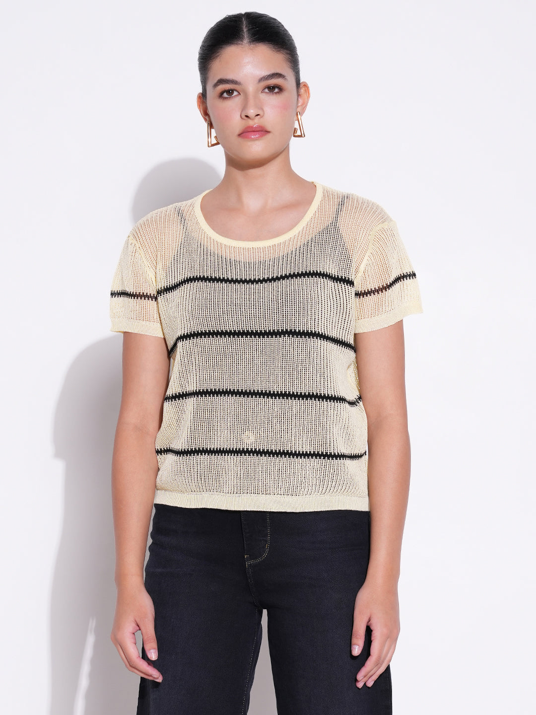 Women Yellow Striped Crochet Top