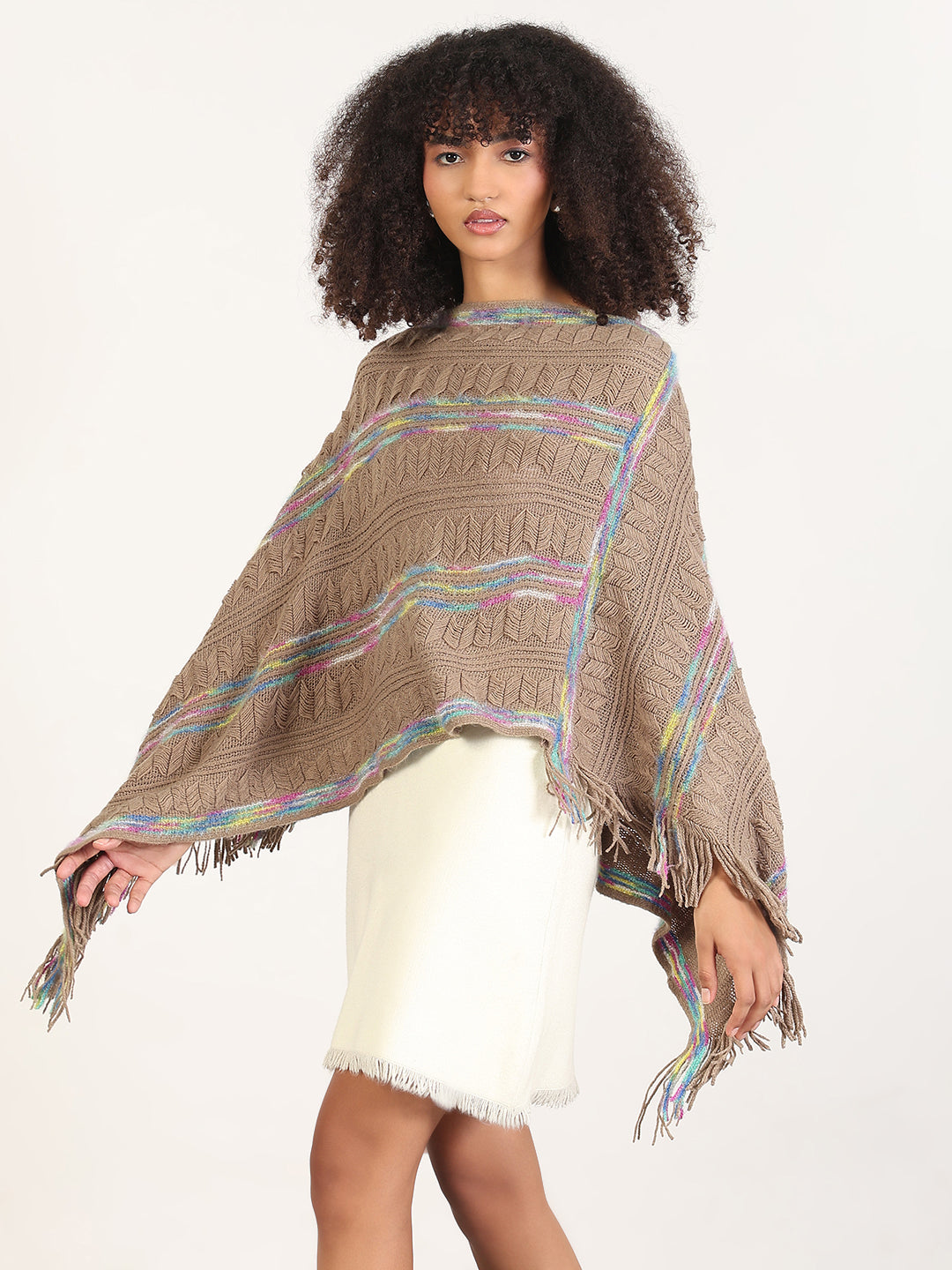 Women's Striped Brown Fringed Edge Poncho