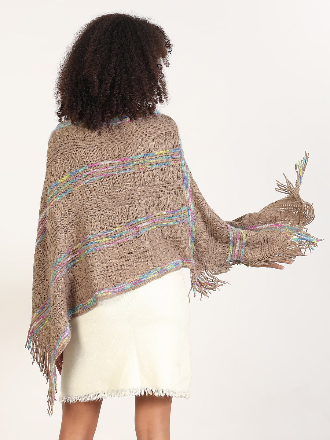Women's Striped Brown Fringed Edge Poncho