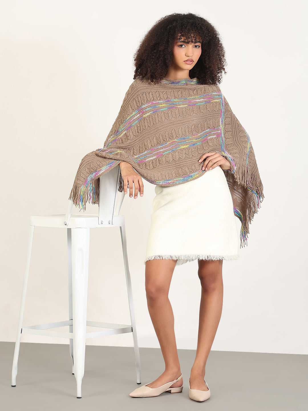 Women's Striped Brown Fringed Edge Poncho