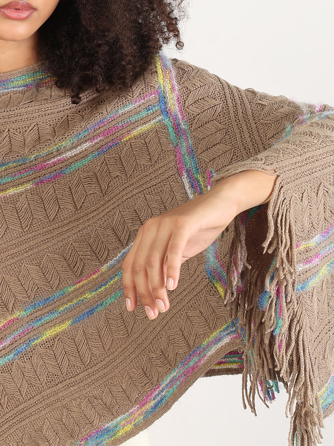 Women's Striped Brown Fringed Edge Poncho