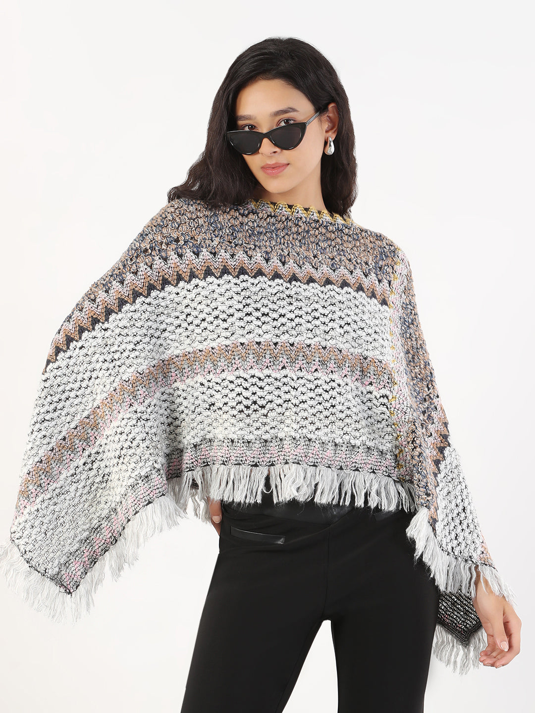 Women Round Neck Striped Grey Poncho