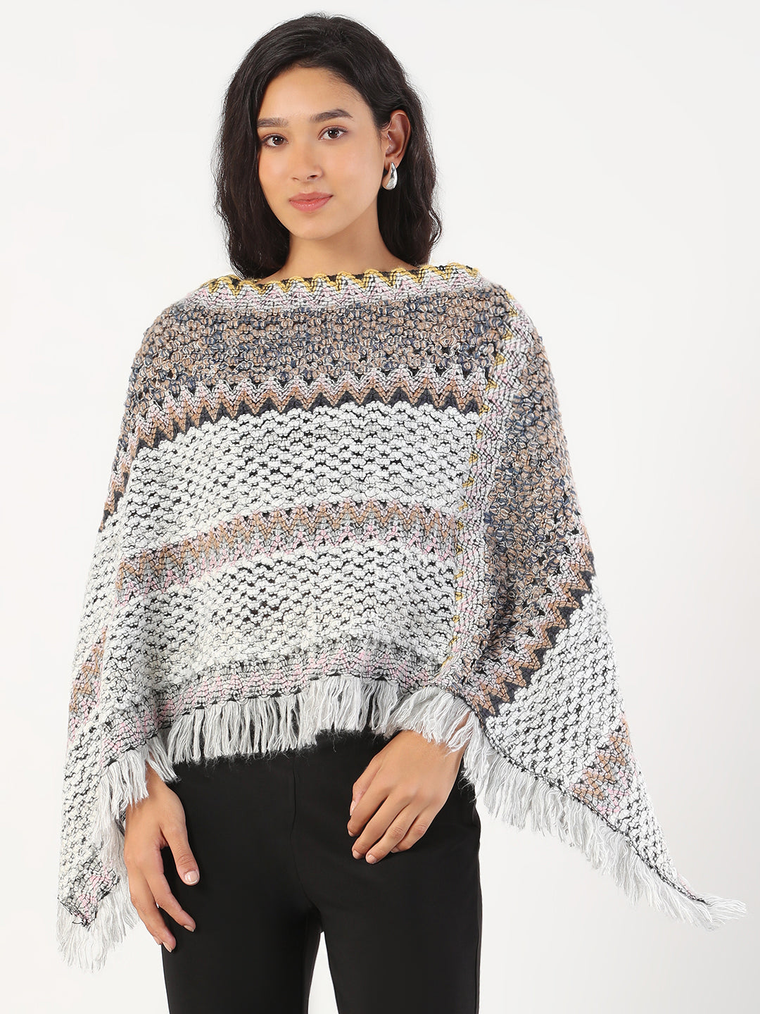 Women Round Neck Striped Grey Poncho