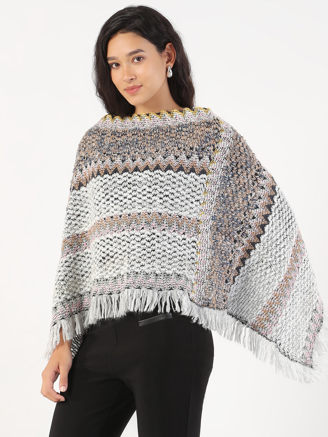 Women Round Neck Striped Grey Poncho