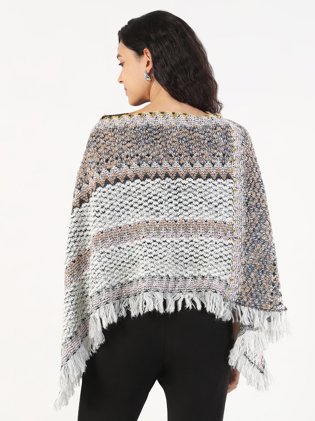 Women Round Neck Striped Grey Poncho