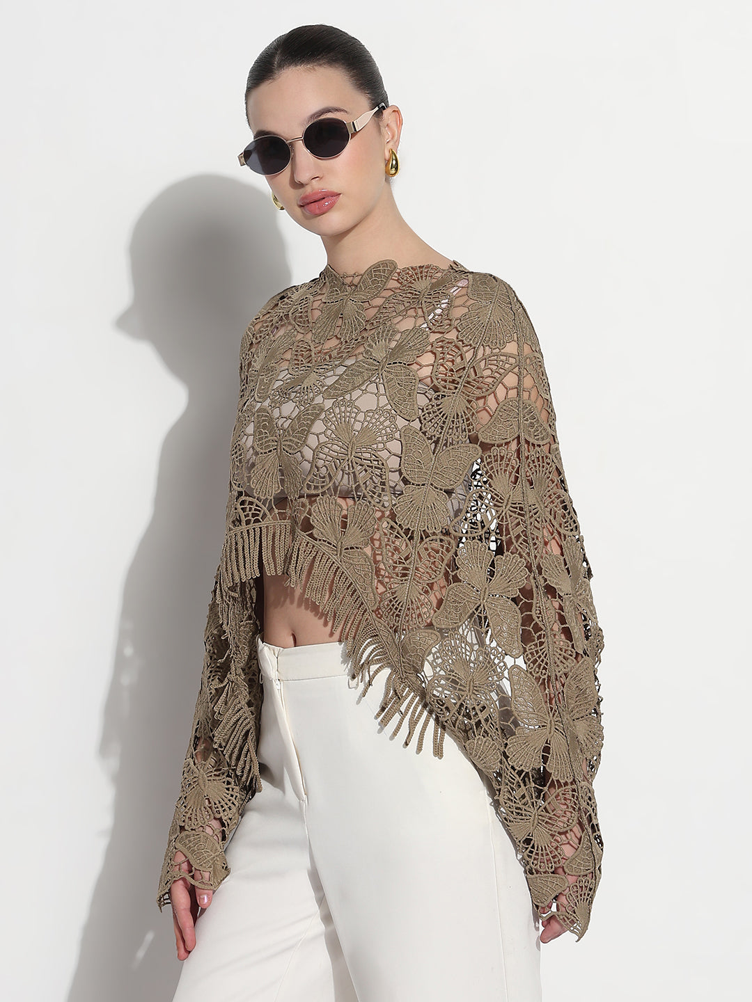 Women's Floral Olive Sheer Crochet Crop Top with Fringe Hem