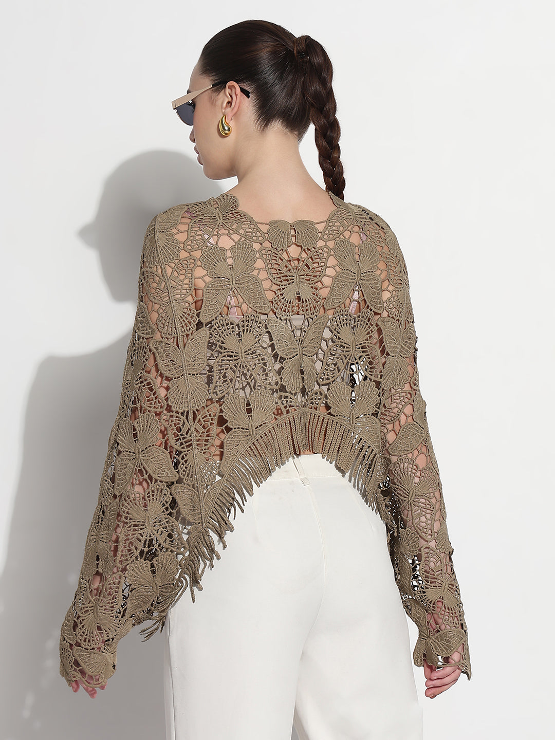 Women's Floral Olive Sheer Crochet Crop Top with Fringe Hem