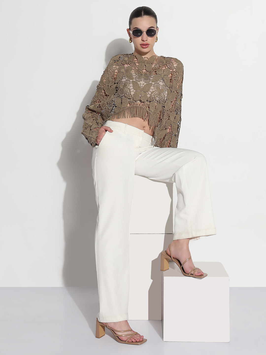 Women's Floral Olive Sheer Crochet Crop Top with Fringe Hem