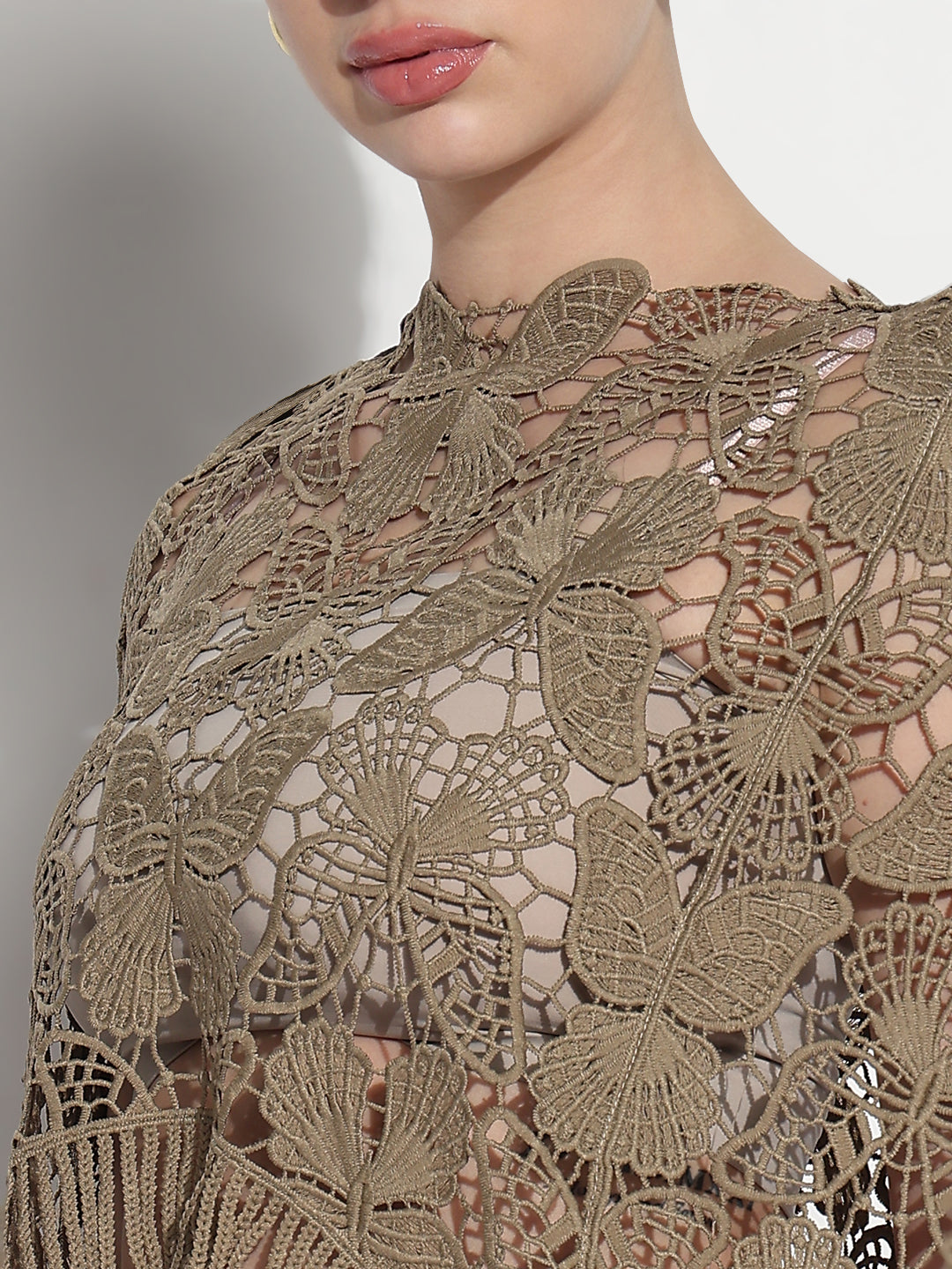 Women's Floral Olive Sheer Crochet Crop Top with Fringe Hem