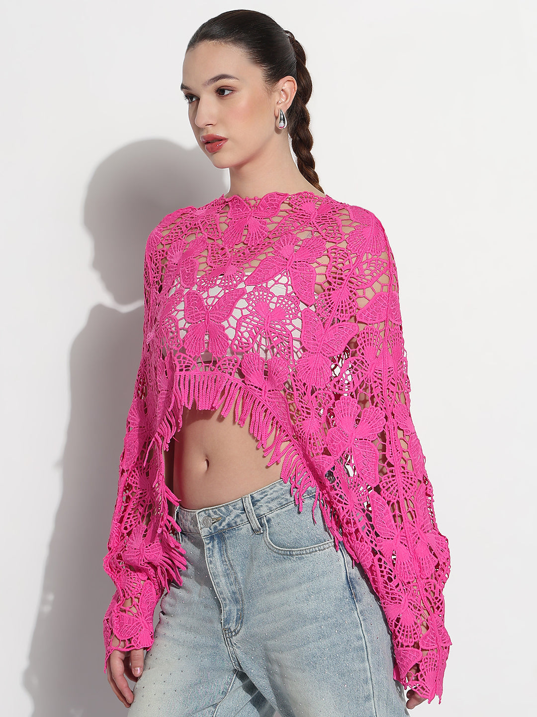 Women's Floral Pink Sheer Crochet Crop Top with Fringe Hem