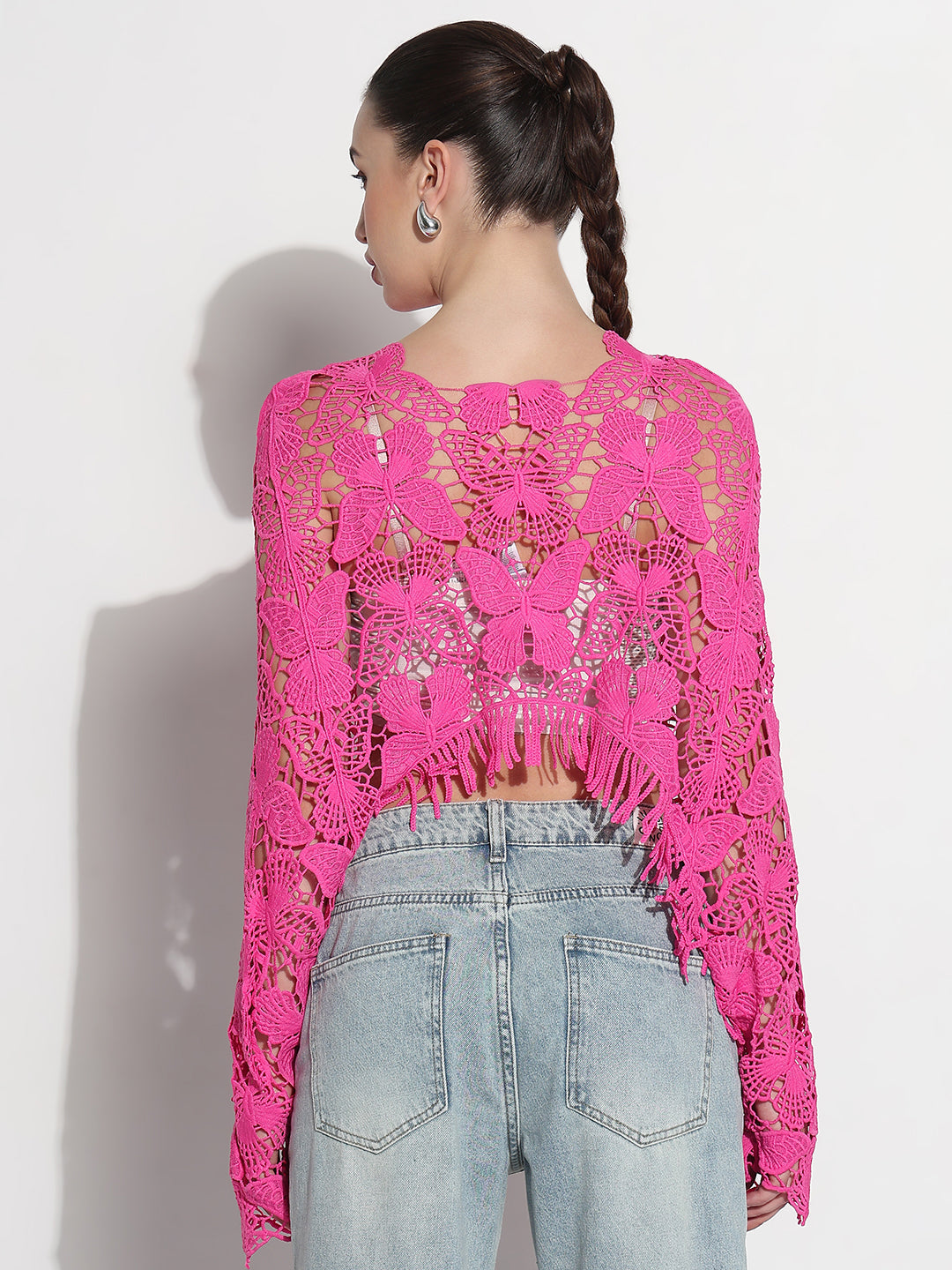Women's Floral Pink Sheer Crochet Crop Top with Fringe Hem