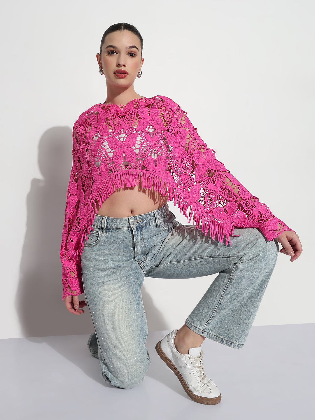 Women's Floral Pink Sheer Crochet Crop Top with Fringe Hem