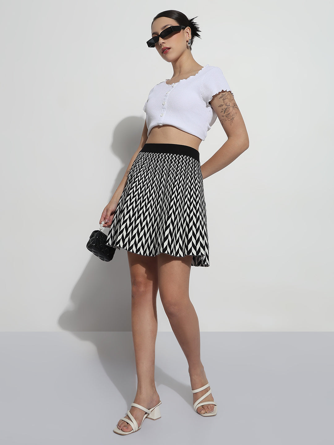 Women's Abstract Black Flared Mini Skirt
