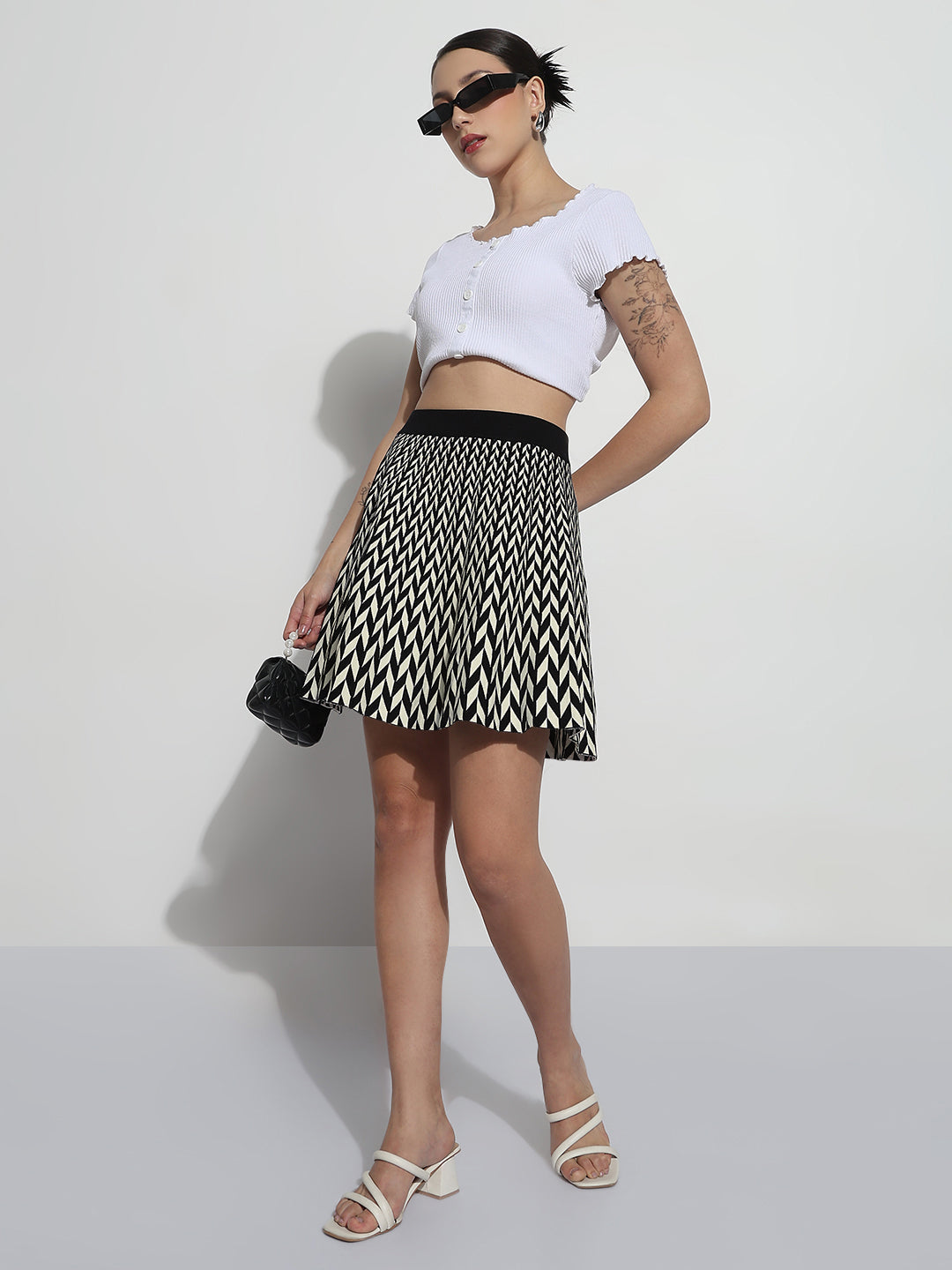 Women's Abstract Cream Flared Mini Skirt
