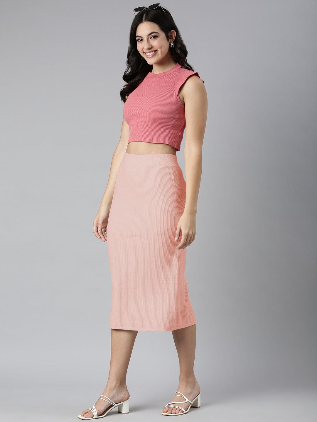 Women's Textured Peach Straight Midi Skirt with Back Slit