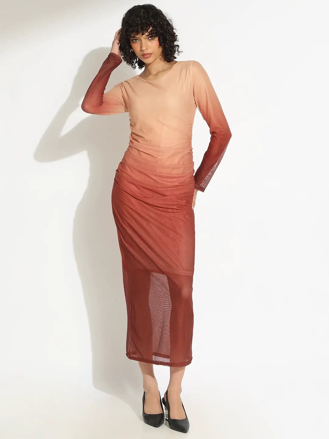 long sleeve ombre bodycon dress Pink Ombre Printed Mesh Ruched Long Sleeve Maxi Dress