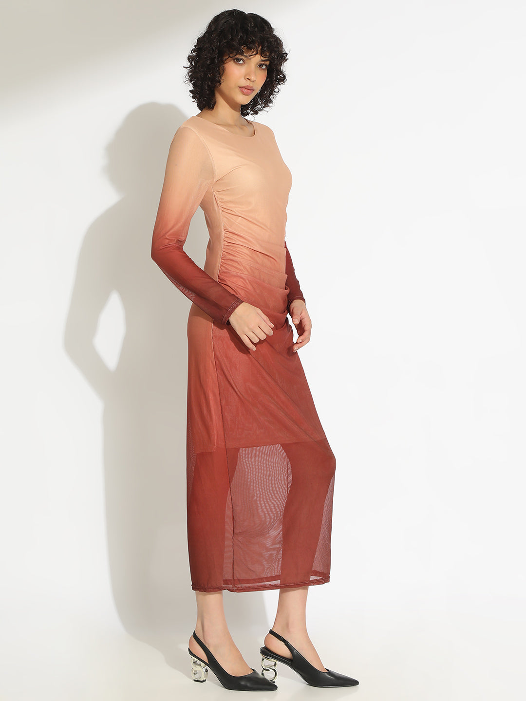 Women's Ombre Brown Full Sleeve Bodycon Midi Dress