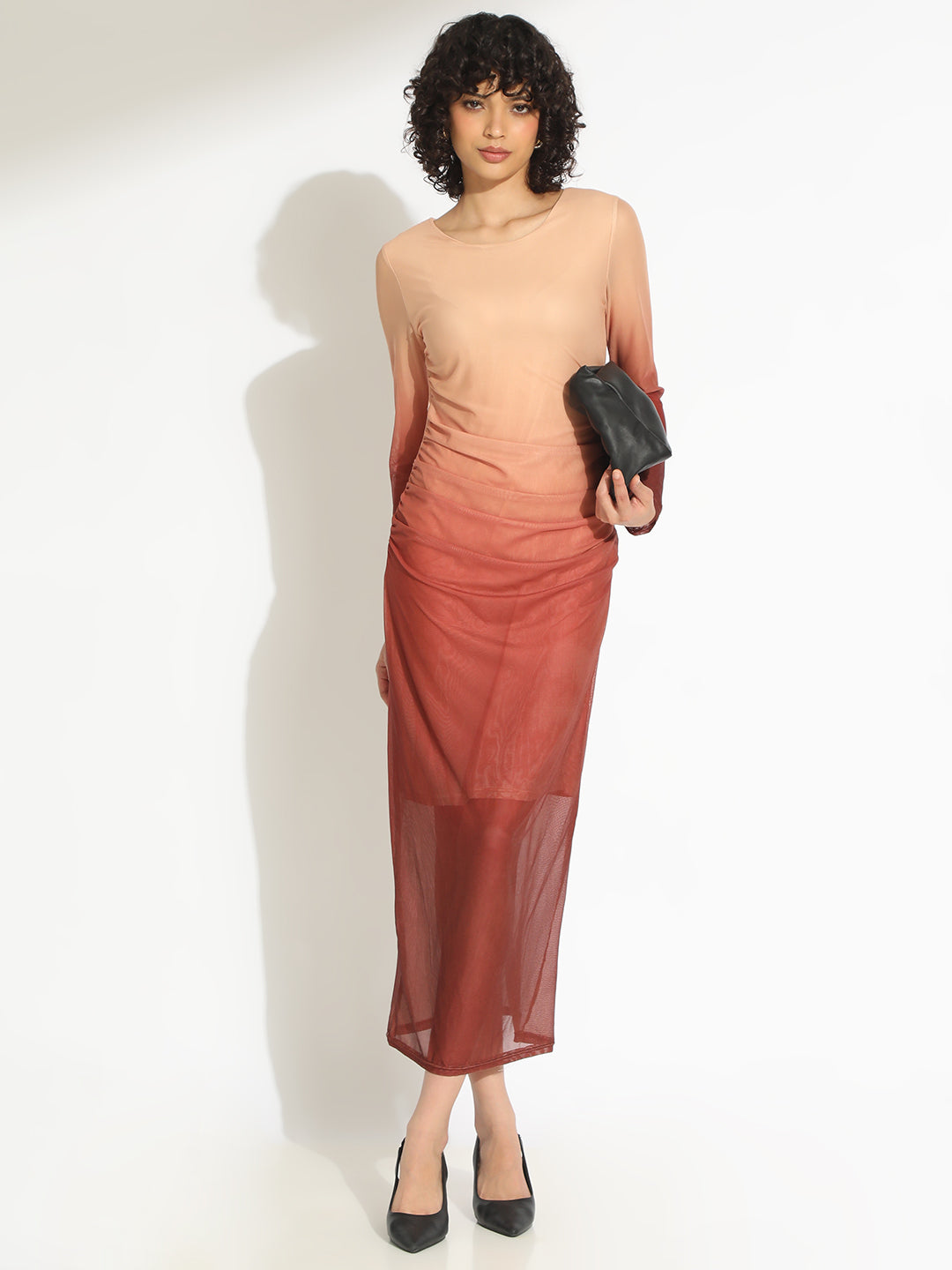 Women's Ombre Brown Full Sleeve Bodycon Midi Dress