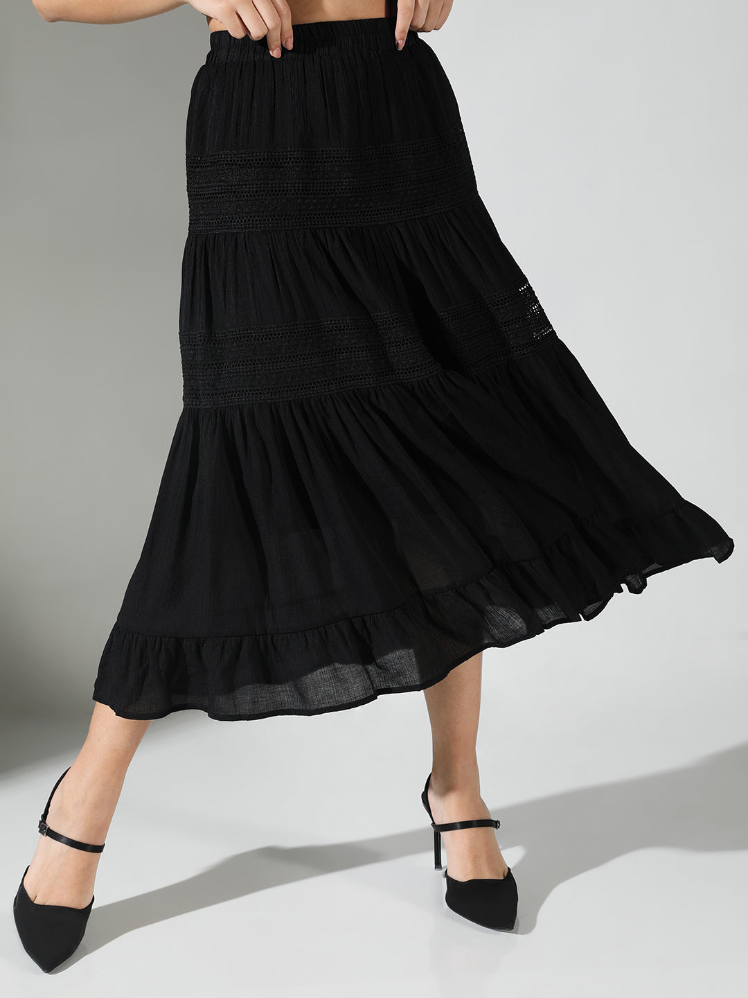 Women Black Solid Tiered Skirt