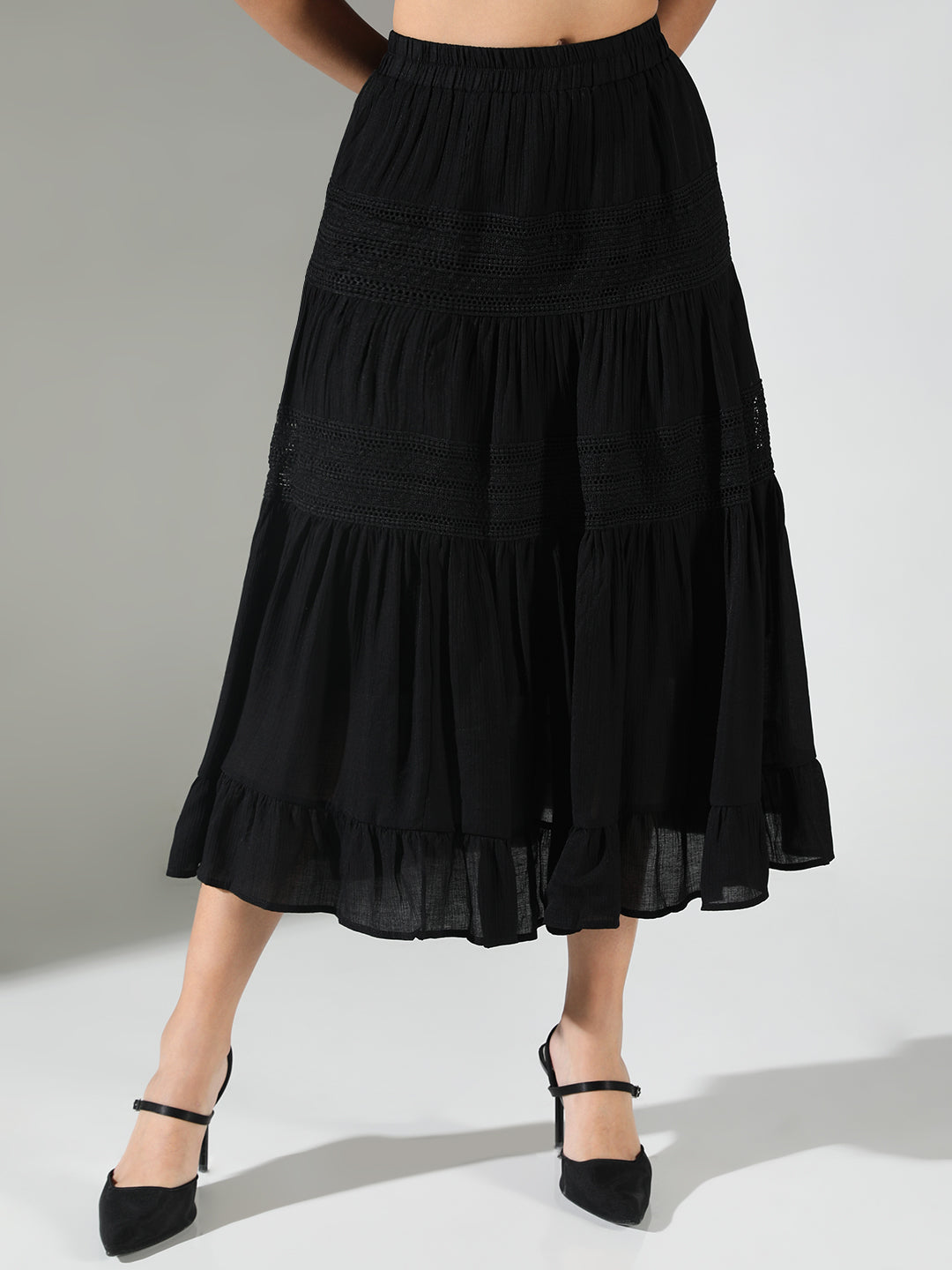 Women Black Solid Tiered Skirt