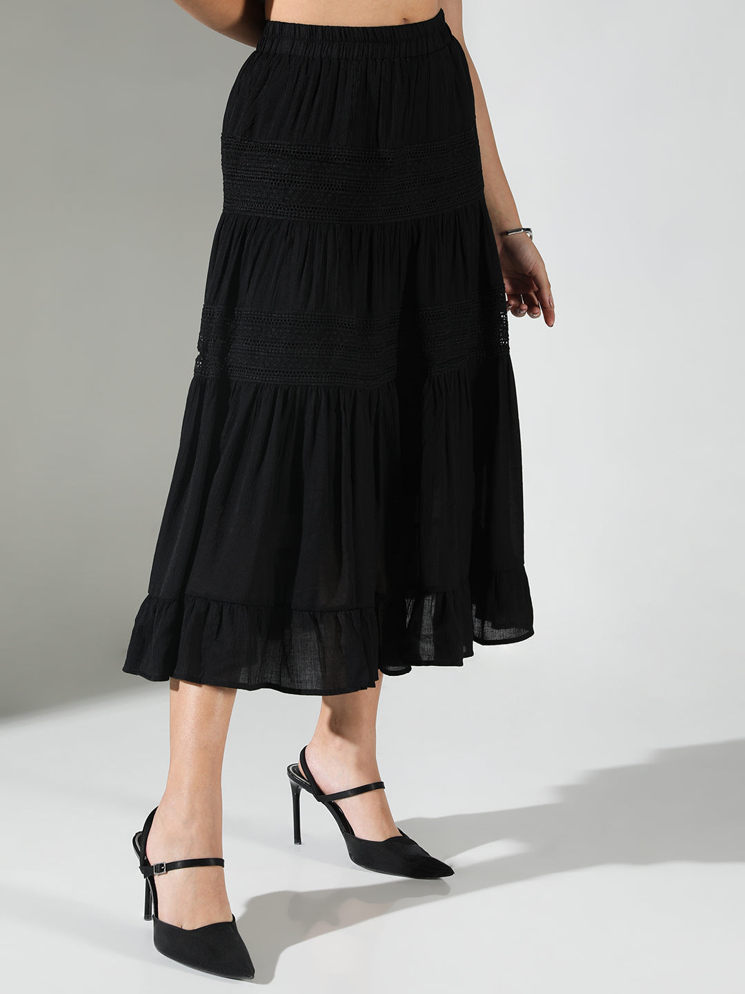 Women Black Solid Tiered Skirt