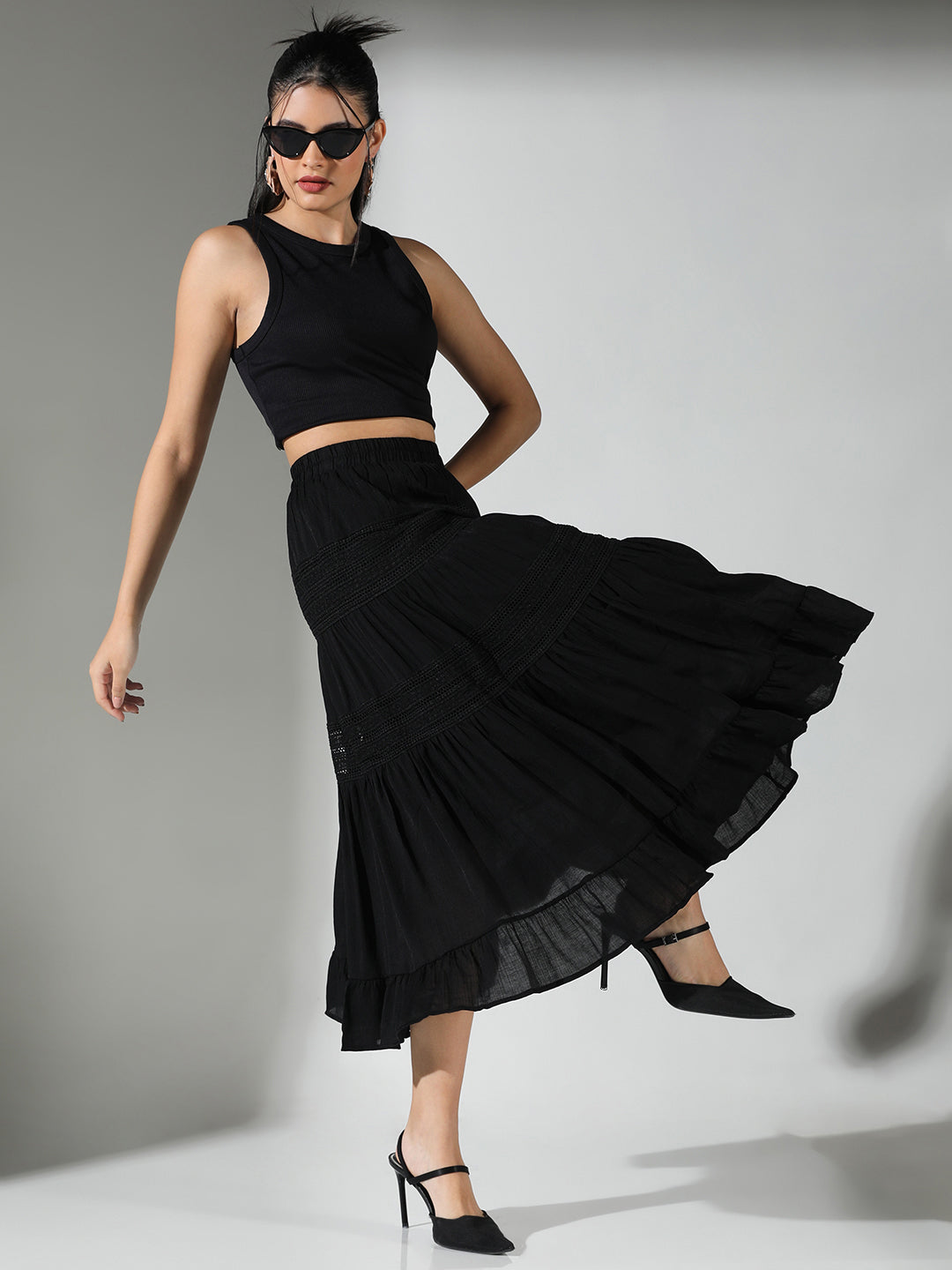 Women Black Solid Tiered Skirt