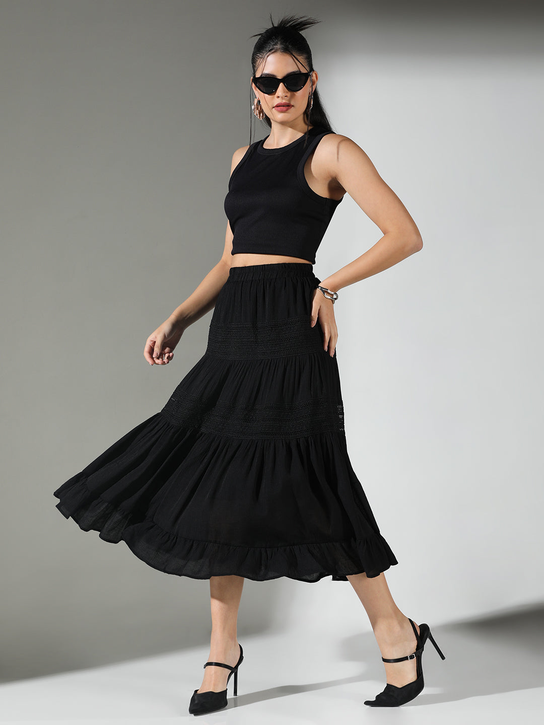 Women Black Solid Tiered Skirt