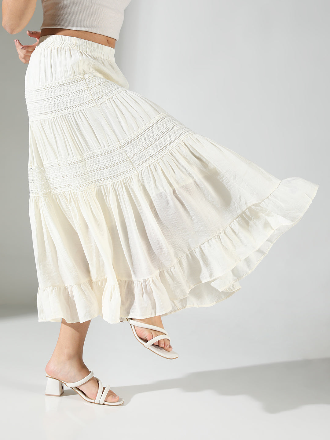 Women Off White Solid Tiered Skirt