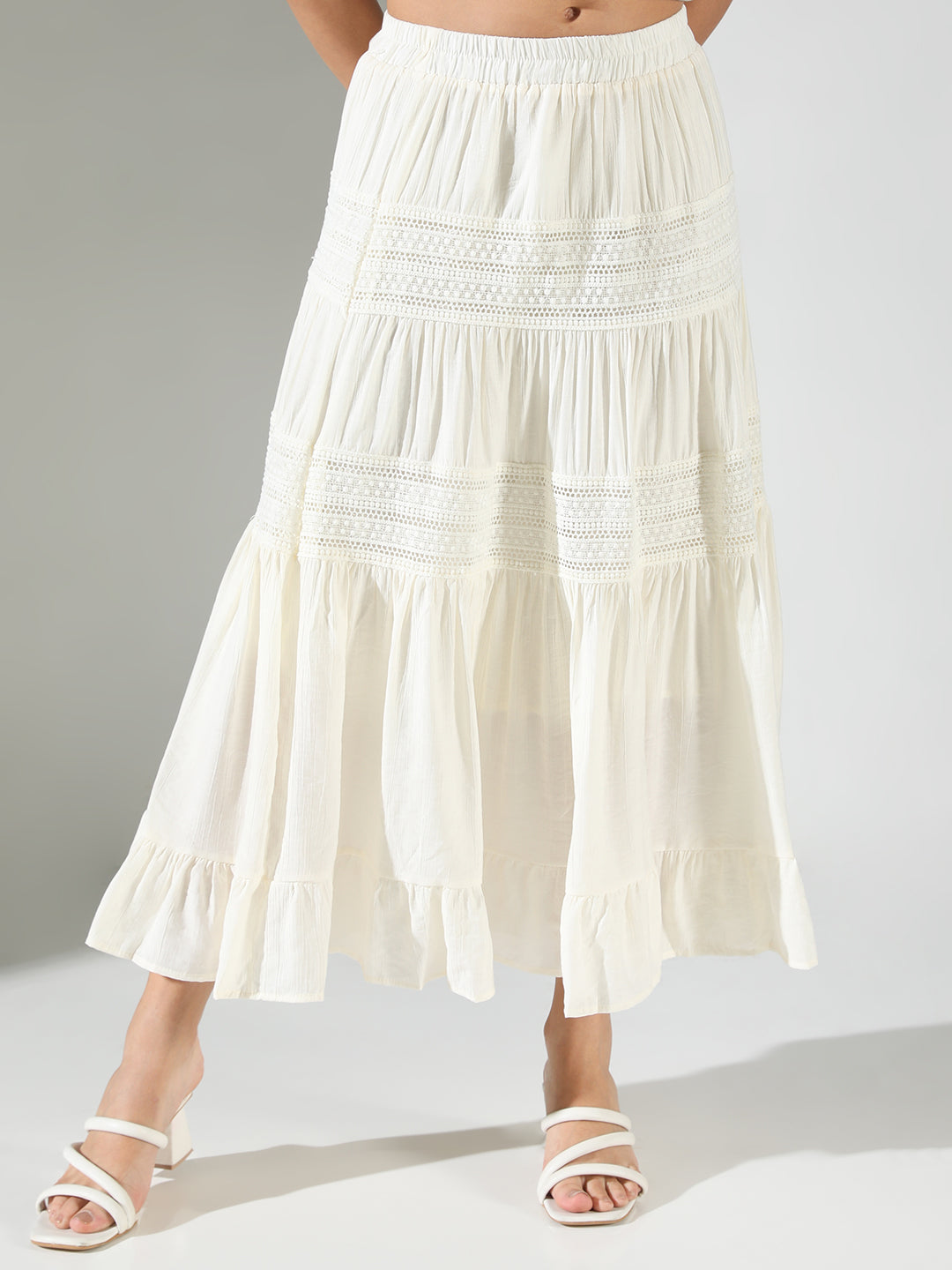 Women Off White Solid Tiered Skirt