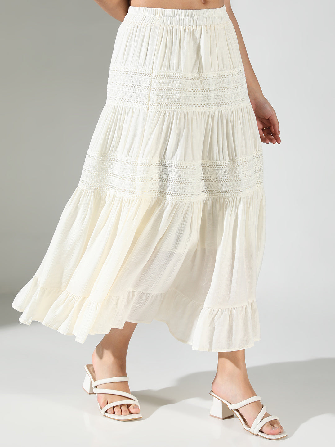 Women Off White Solid Tiered Skirt