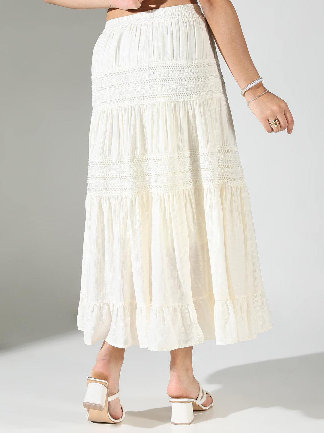 Women Off White Solid Tiered Skirt