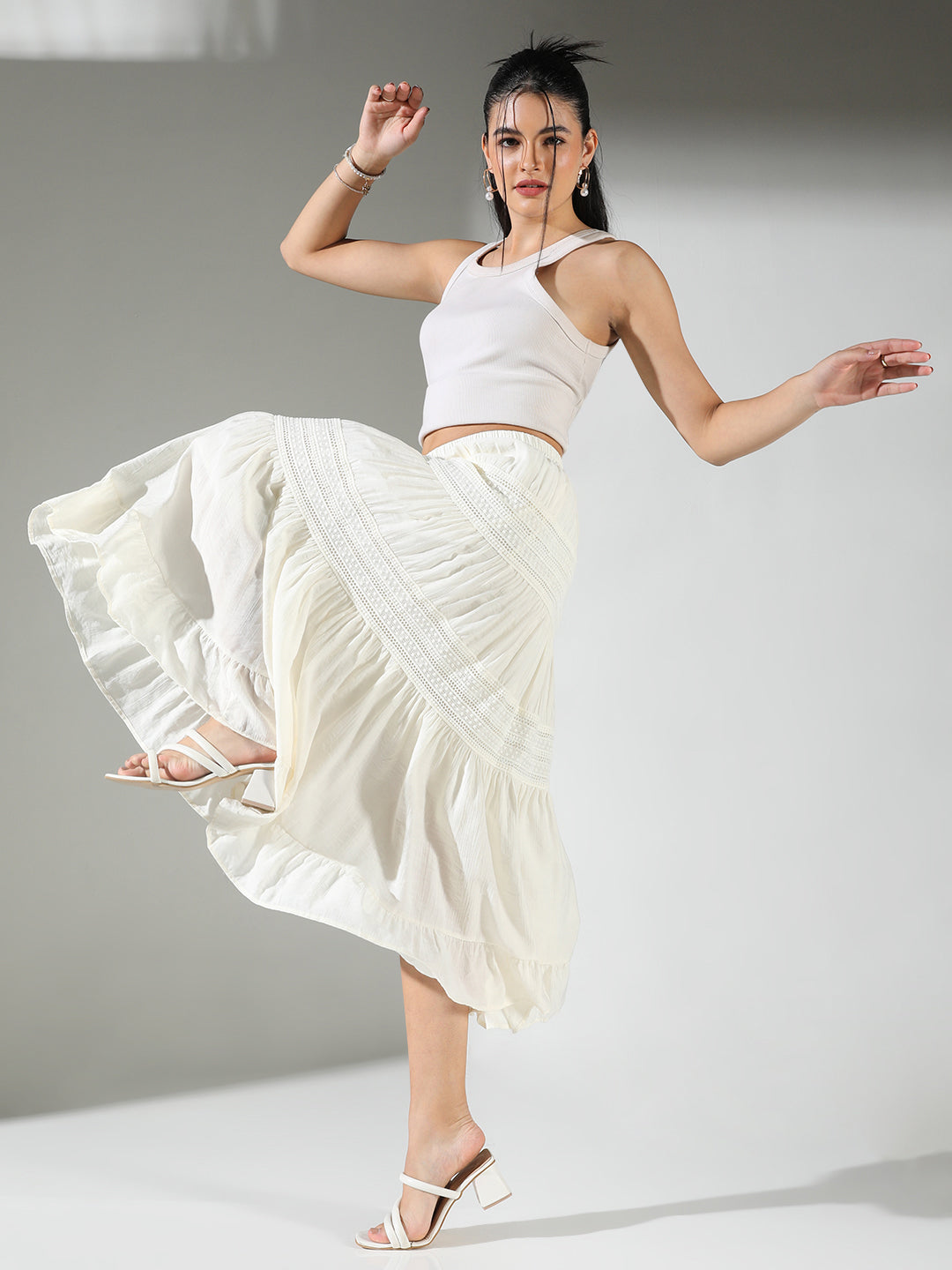 Women Off White Solid Tiered Skirt