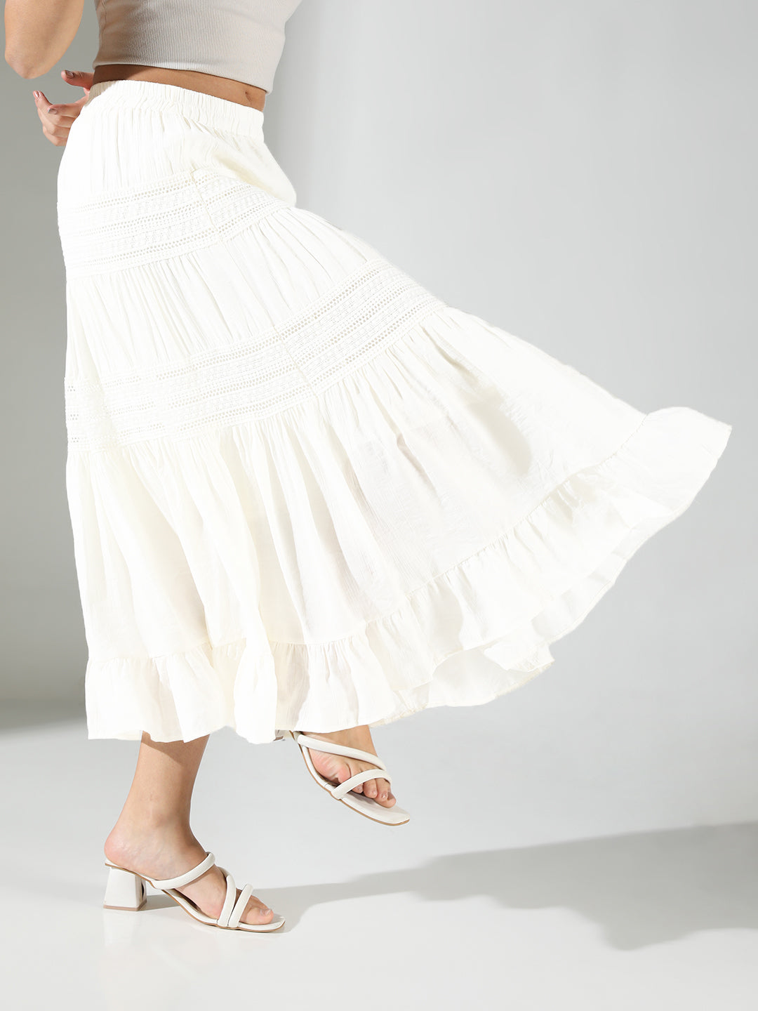 Women Cotton Solid White Tiered Midi Skirt