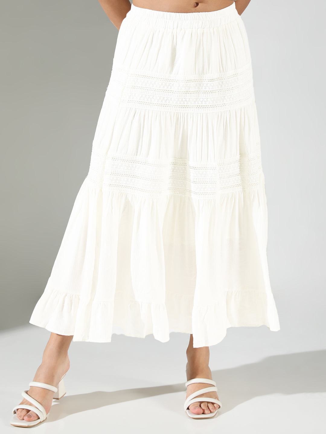 Women Cotton Solid White Tiered Midi Skirt