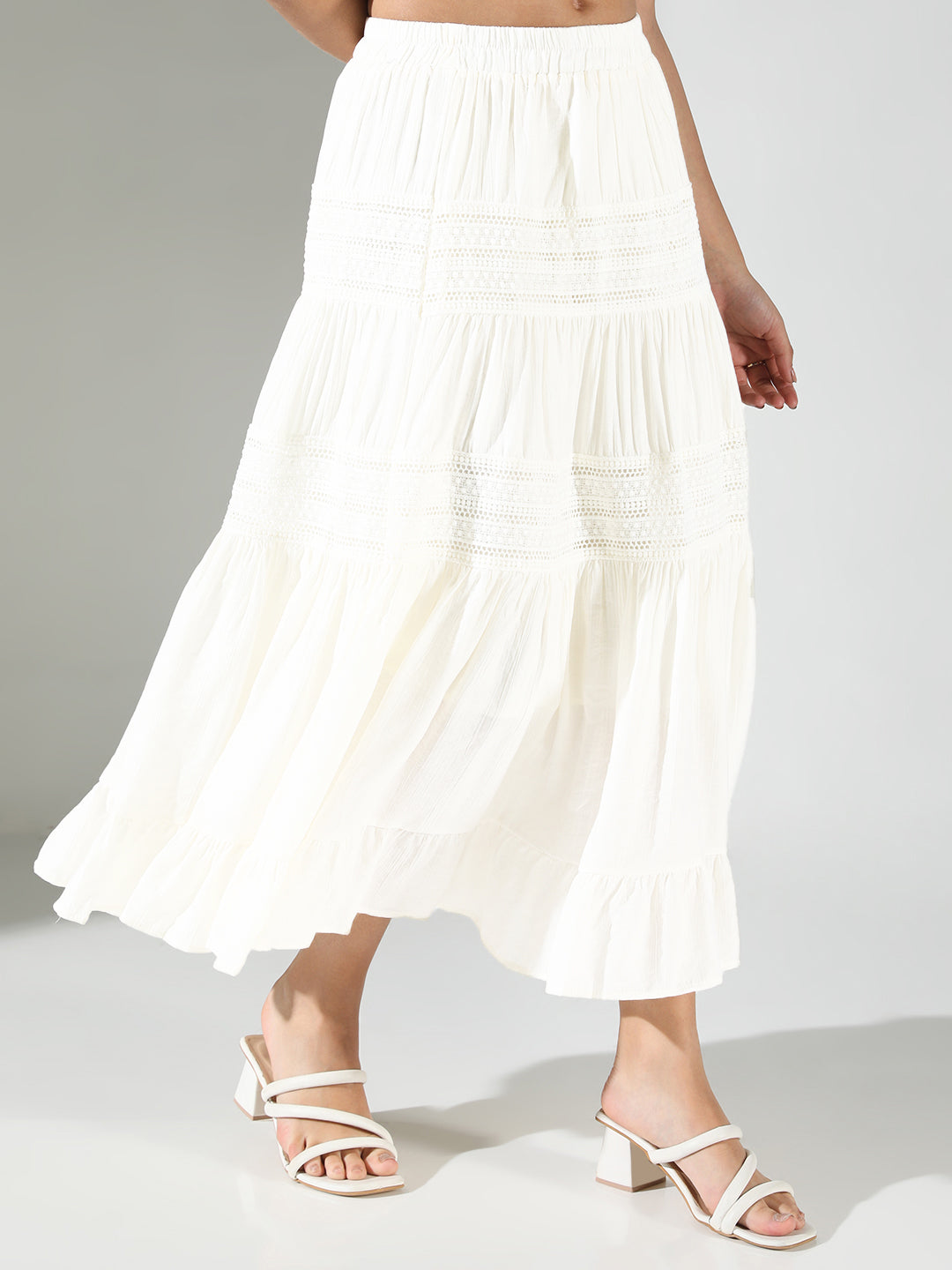 Women Cotton Solid White Tiered Midi Skirt