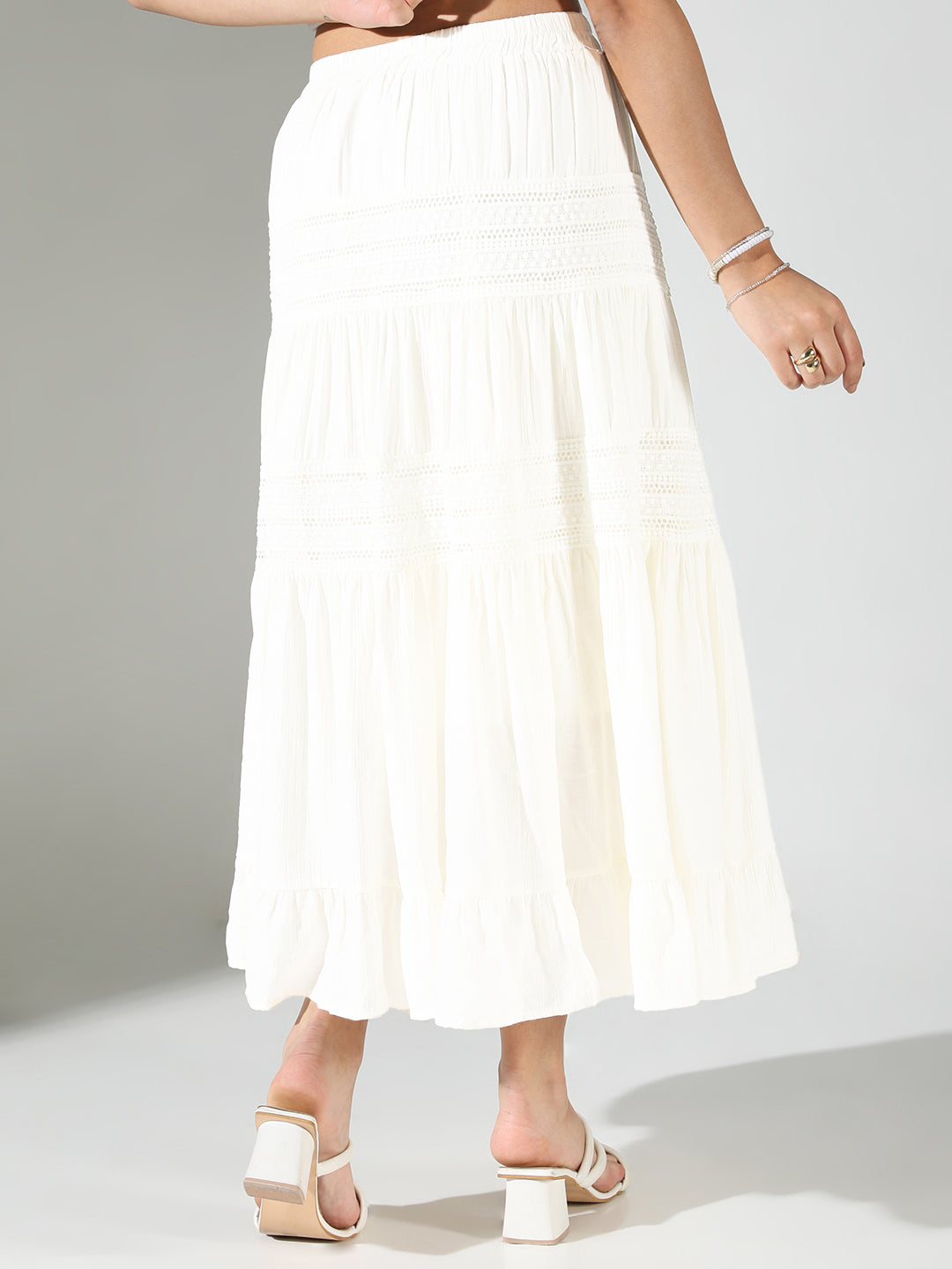 Women Cotton Solid White Tiered Midi Skirt