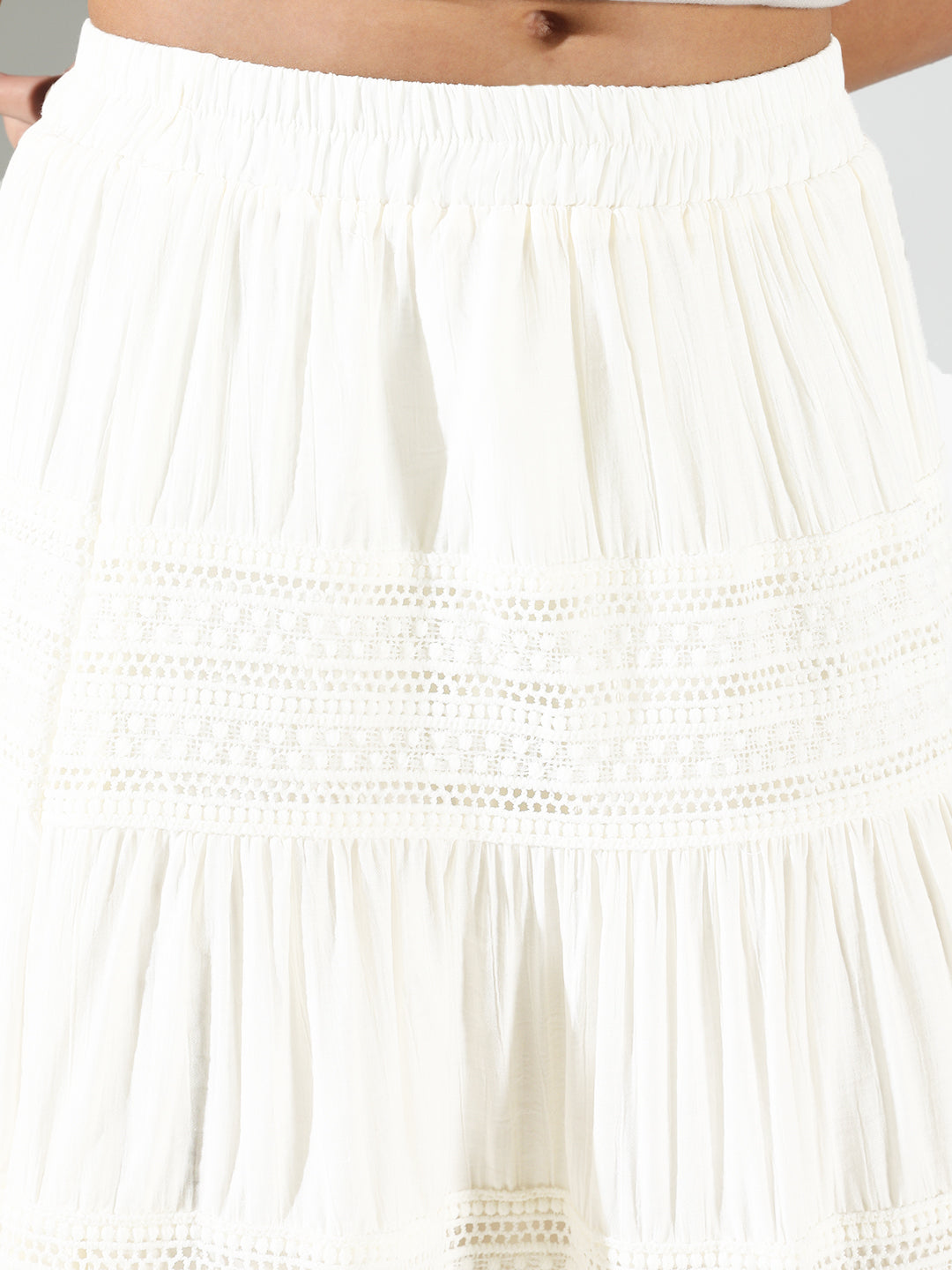 Women Cotton Solid White Tiered Midi Skirt