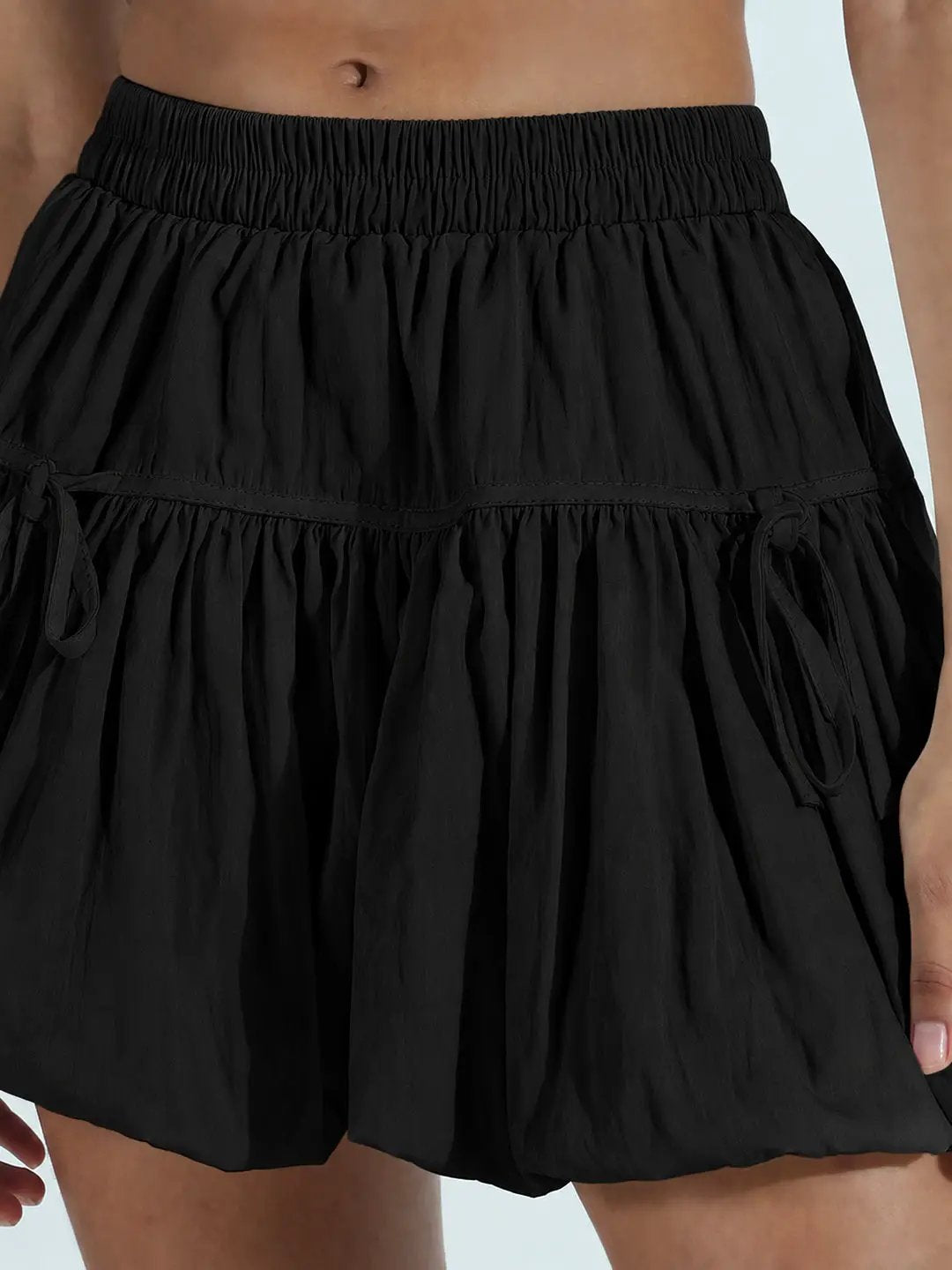 Women's Black Flared Mini Skirt with Bubble Hem,Elasticated Waist & Bow Tie Up Details
