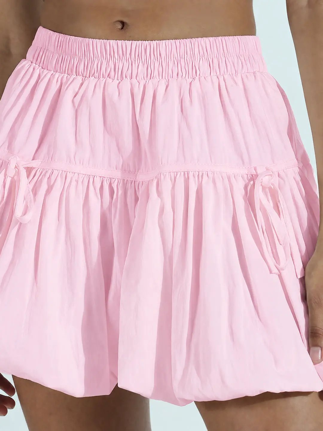 Women's Pink Flared Mini Skirt with Bubble Hem,Elasticated Waist & Bow Tie Up Details