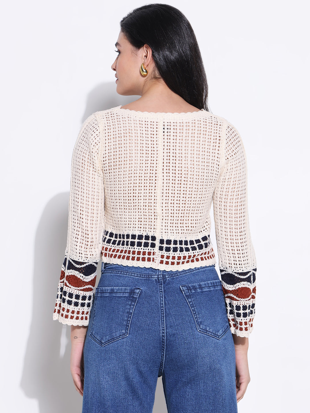 Women Cream Geometric Crochet Crop Top